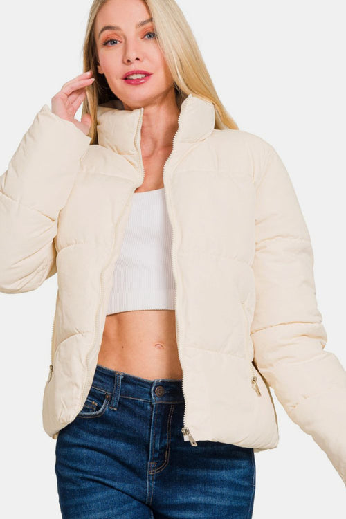 Cute Zenana Zip Up Turtleneck Puffer Jacket with Pockets