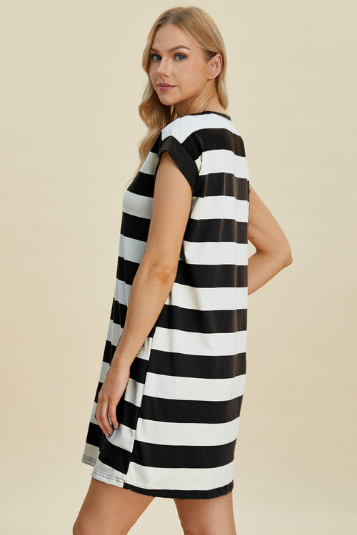 Cute Basic Bae Full Size Striped Round Neck Cap Sleeve Mini Dress