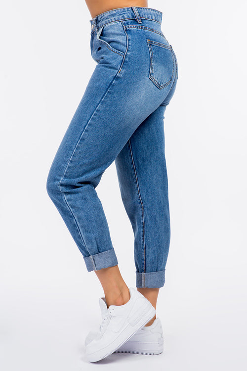 Cute American Bazi High Waist Pleated Waist Mom Jeans