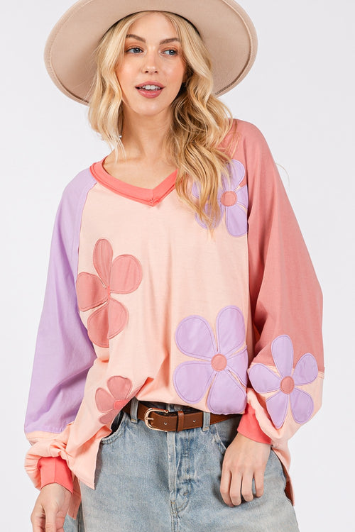 Cute SAGE + FIG Full Size Daisy Applique Patch Color Block Long Sleeve Top