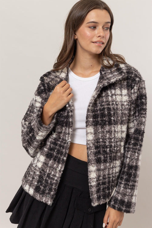 Cute HYFVE Plaid Collared Neck Boucle Jacket with Pockets