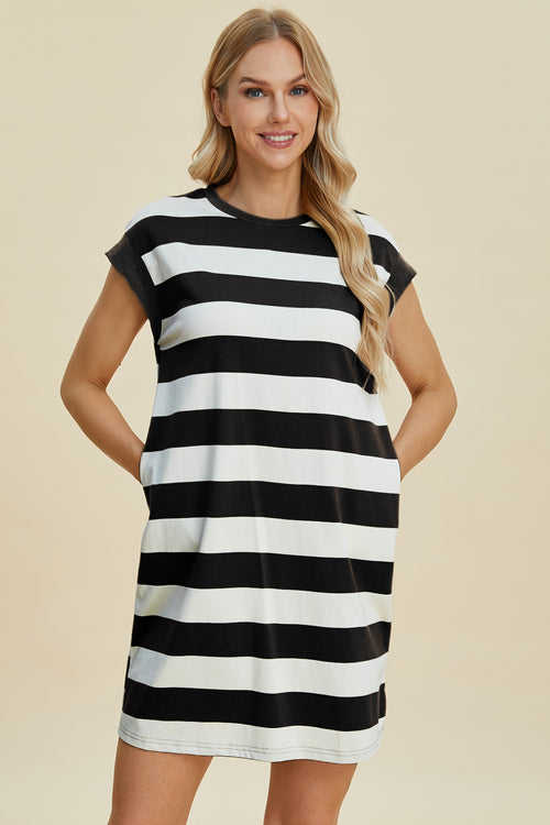 Cute Basic Bae Full Size Striped Round Neck Cap Sleeve Mini Dress