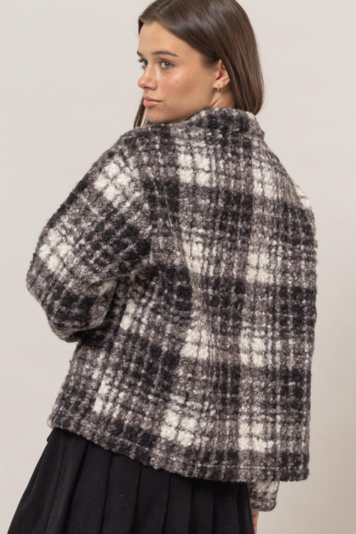 Cute HYFVE Plaid Collared Neck Boucle Jacket with Pockets