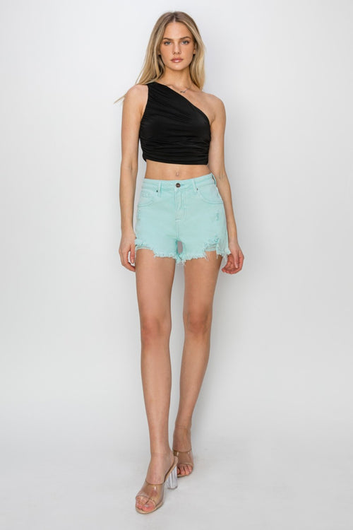 Cute RISEN Mid Waist Frayed Hem Denim Shorts