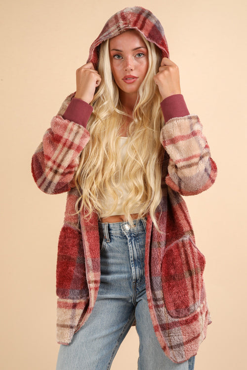 Cute VERY J Fuzzy Plaid Long Sleeve Hooded Jacket