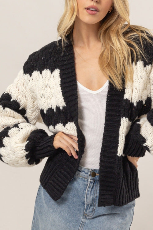 Cute HYFVE Scallop Striped Open Front Long Sleeve Sweater Cardigan