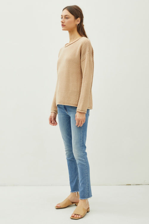 Cute Be Cool Rolled Openwork Round Neck Sweater