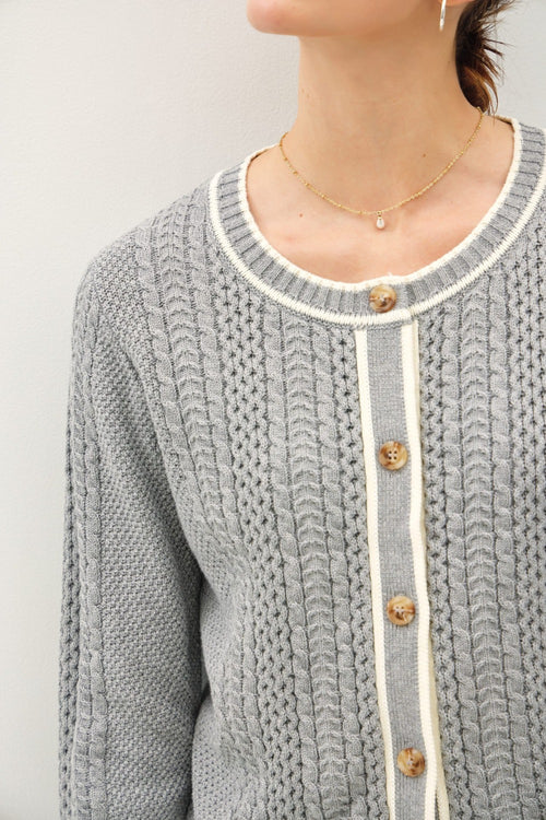 Cute Be Cool Cable Knit Long Sleeve Contrast Edge Cardigan