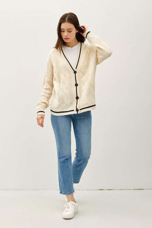 Cute Be Cool Contrast Trim Cable-Knit V-Neck Cardigan