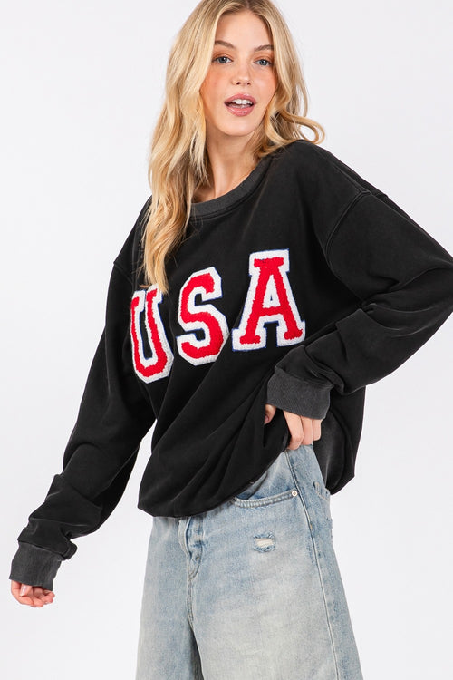 Cute Sage + Fig USA Letter Patch Round Neck Sweatshirt