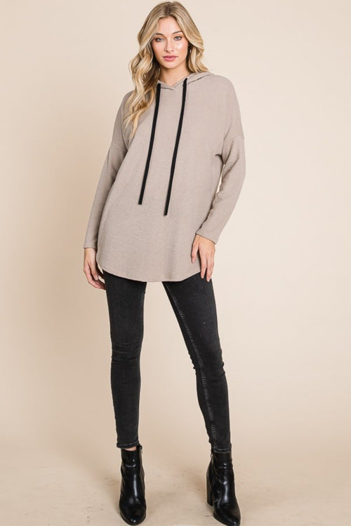 Cute BOMBOM Contrast Drawstring Drop Shoulder Knit Hoodie