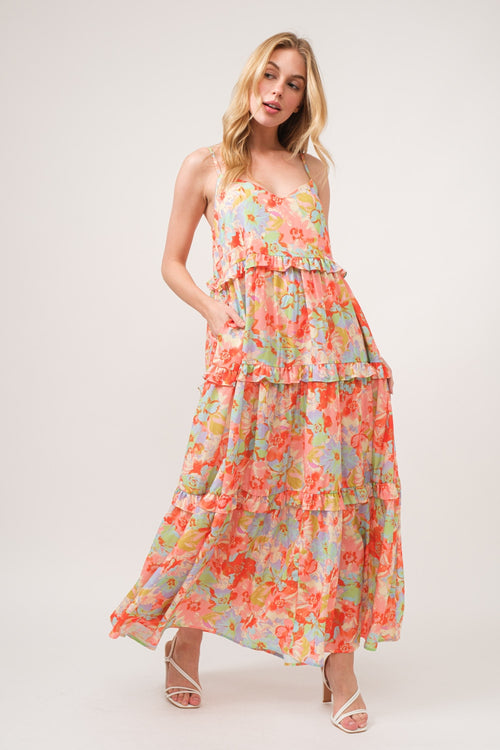 Cute And The Why Floral Ruffled Tiered Maxi Adjustable Strap Cami Dress