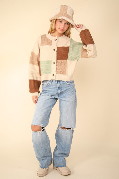 Cute VERY J Color Block Button Down Textured Sweater Cardigan