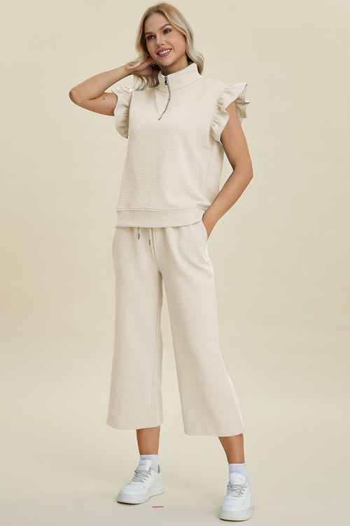 Cute Double Take Full Size Texture Ruffle Short Sleeve Top and Wide Leg Pants Set