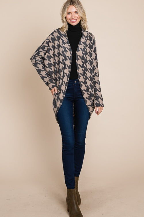 Cute BOMBOM Houndstooth Open Front Cocoon Knit Cardigan