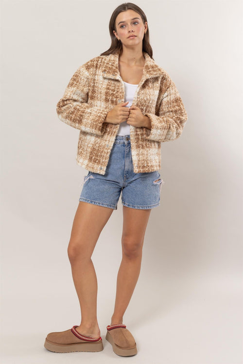 Cute HYFVE Plaid Collared Neck Boucle Jacket with Pockets