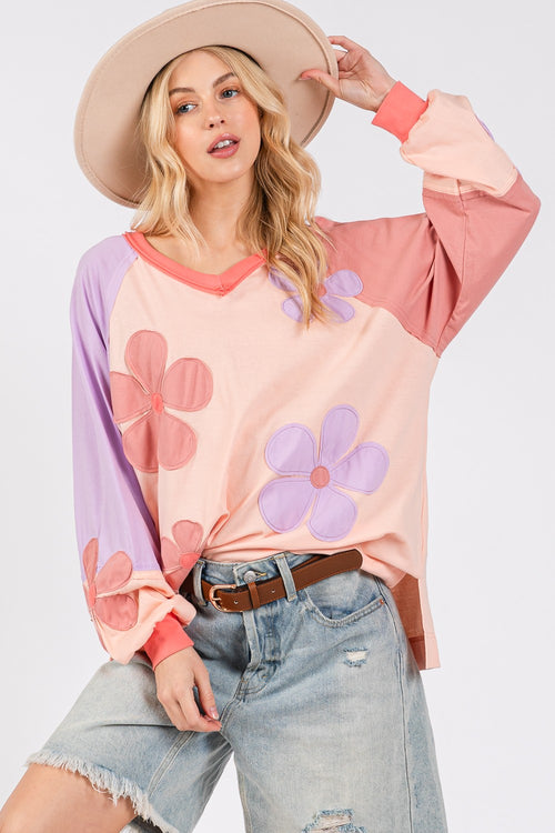 Cute SAGE + FIG Full Size Daisy Applique Patch Color Block Long Sleeve Top