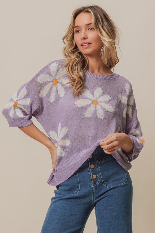 Cute BiBi Floral Pattern Slit Sweater