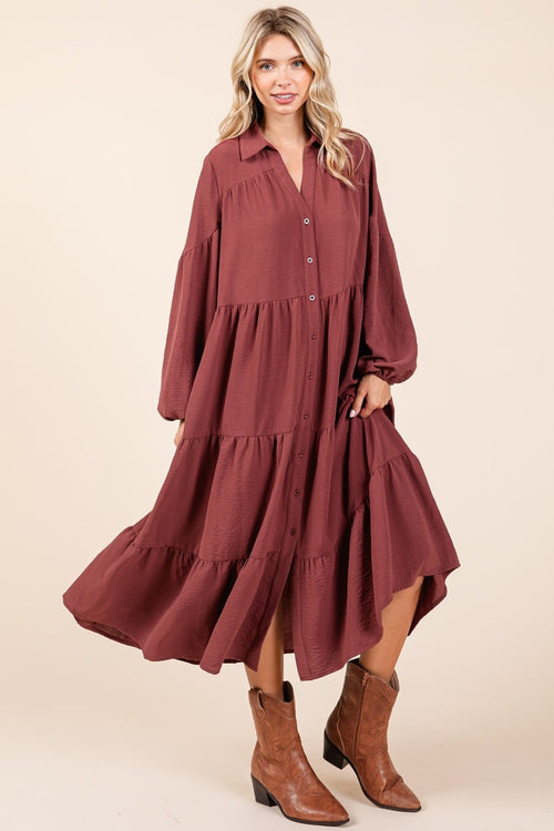 Cute Mittoshop Tiered Button Down Long Sleeve Midi Dress