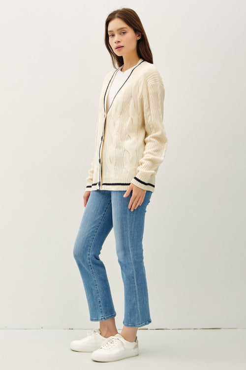 Cute Be Cool Contrast Trim Cable-Knit V-Neck Cardigan