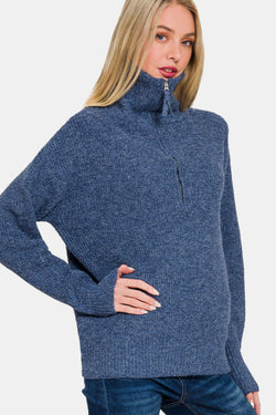 Cute Zenana Half Zip Long Sleeve Sweater