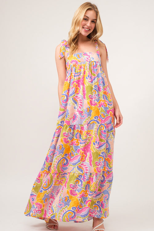 Cute And The Why Full Size Printed Tie Shoulder Tiered Maxi Dress