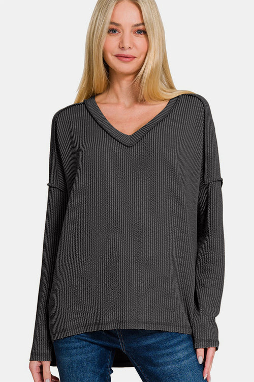 Cute Zenana Texture Exposed Seam V-Neck Long Sleeve T-Shirt