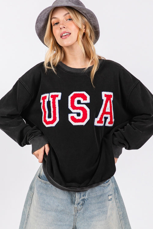 Cute Sage + Fig USA Letter Patch Round Neck Sweatshirt