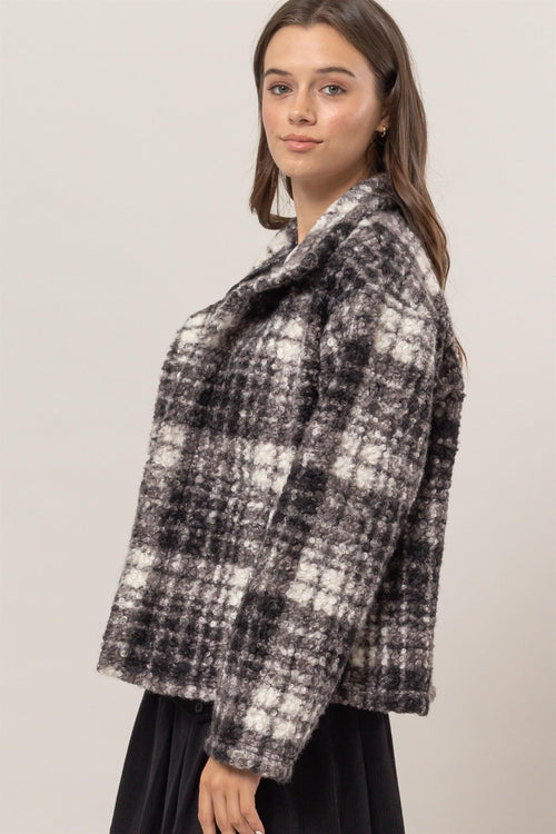 Cute HYFVE Plaid Collared Neck Boucle Jacket with Pockets