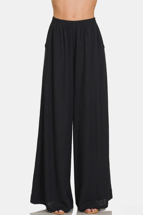 Cute Zenana Pleated Linen Blend Wide Leg Pants