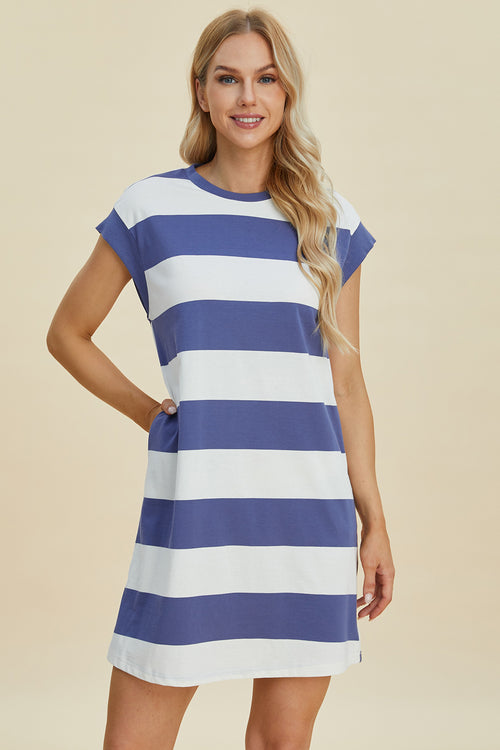 Cute Basic Bae Full Size Striped Round Neck Cap Sleeve Mini Dress