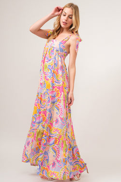 Cute And The Why Full Size Printed Tie Shoulder Tiered Maxi Dress