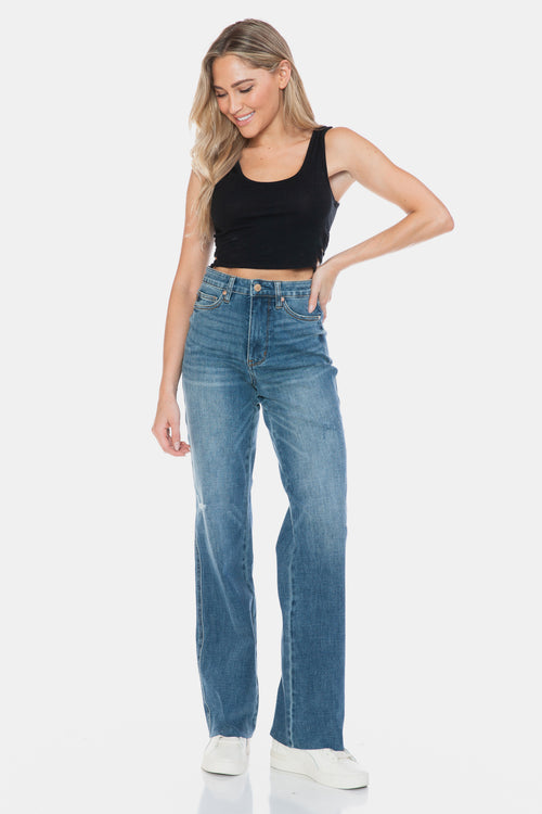 Cute Judy Blue Full Size Tummy Control Cut Raw Hem Straight Jeans