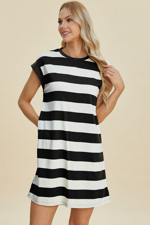 Cute Basic Bae Full Size Striped Round Neck Cap Sleeve Mini Dress