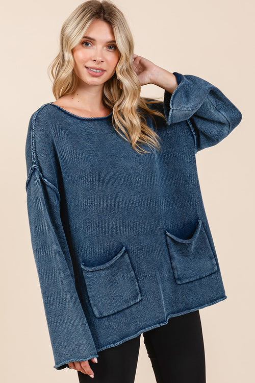 Cute Mittoshop Mineral Wash Patch Pocket Cut Edge Sweater