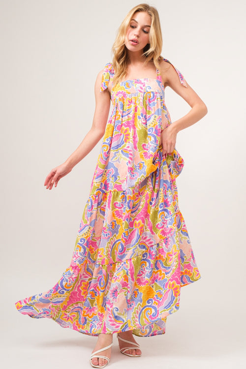 Cute And The Why Full Size Printed Tie Shoulder Tiered Maxi Dress