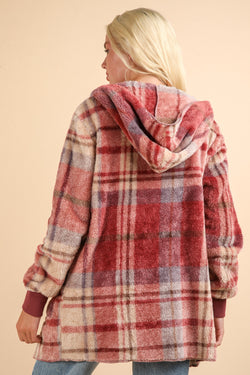 Cute VERY J Fuzzy Plaid Long Sleeve Hooded Jacket