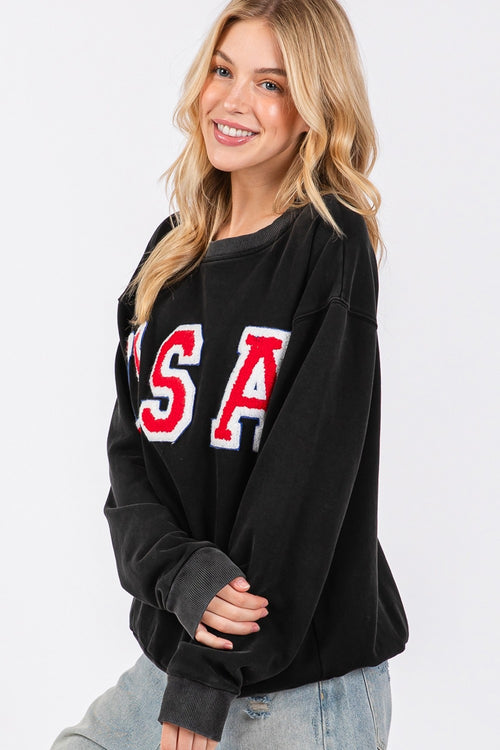 Cute Sage + Fig USA Letter Patch Round Neck Sweatshirt