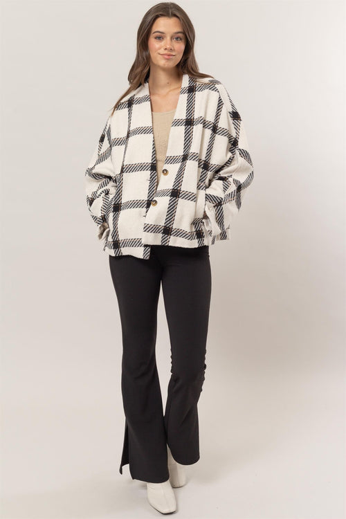 Cute HYFVE Plaid Long Sleeve Jacket with Side Slit Pockets