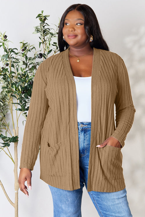 Cute Basic Bae Full Size Ribbed Open Front Cardigan with Pockets 9