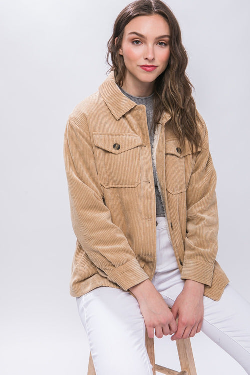 Cute Love Tree Corduroy Button Up Jacket with Sherpa Inside