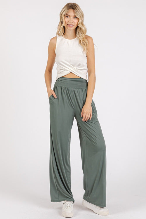 Cute Mittoshop Stretch Banded Waist Wide Leg Pants with Pockets