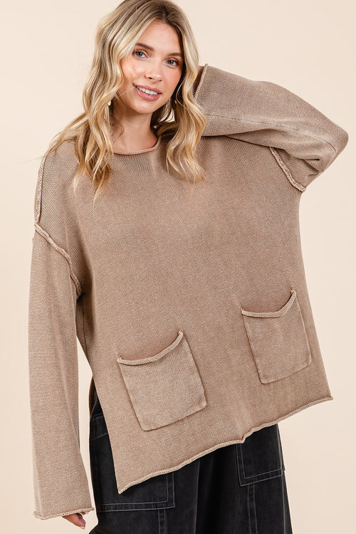 Cute Mittoshop Mineral Wash Patch Pocket Cut Edge Sweater