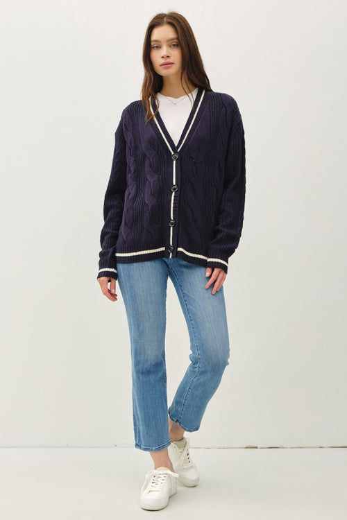 Cute Be Cool Contrast Trim Cable-Knit V-Neck Cardigan