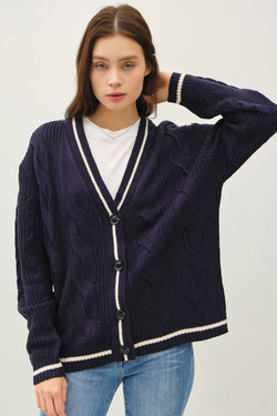 Cute Be Cool Contrast Trim Cable-Knit V-Neck Cardigan