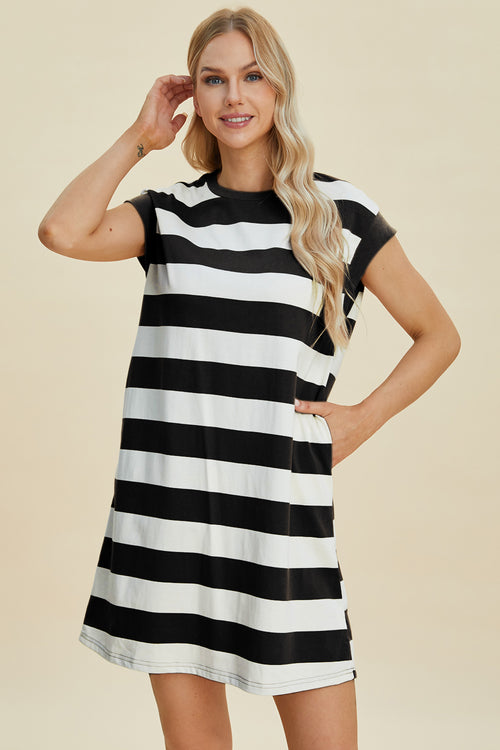 Cute Basic Bae Full Size Striped Round Neck Cap Sleeve Mini Dress