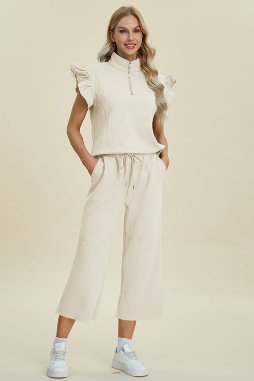 Cute Double Take Full Size Texture Ruffle Short Sleeve Top and Wide Leg Pants Set