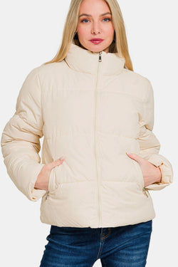 Cute Zenana Zip Up Turtleneck Puffer Jacket with Pockets