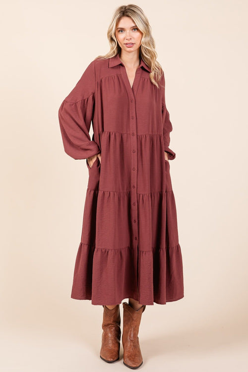 Cute Mittoshop Tiered Button Down Long Sleeve Midi Dress