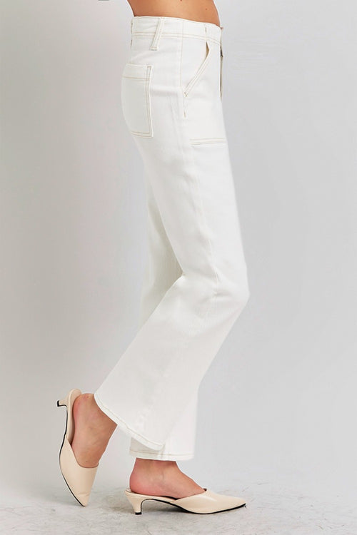 Cute RISEN High Rise Ankle Flare Jeans with Patch Pockets